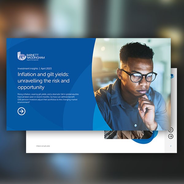 A professional report titled "Investment Insights | April 2023" is displayed, focusing on inflation and gilt yields. A contemplative individual in glasses is shown, analyzing information.