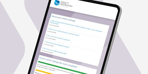 A tablet displays a questionnaire titled "About your scheme strategy" with questions about investment returns, asset allocation, pension schemes, employer covenants, and recovery plans, set against a light background.