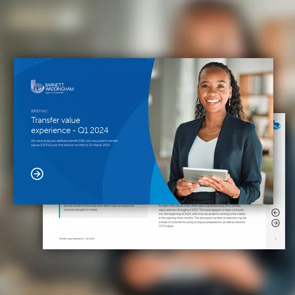 A confident woman holds a tablet, smiling while facing the viewer. The background features a blurred office setting. The presentation slide reads, "Transfer value experience - Q1 2024."