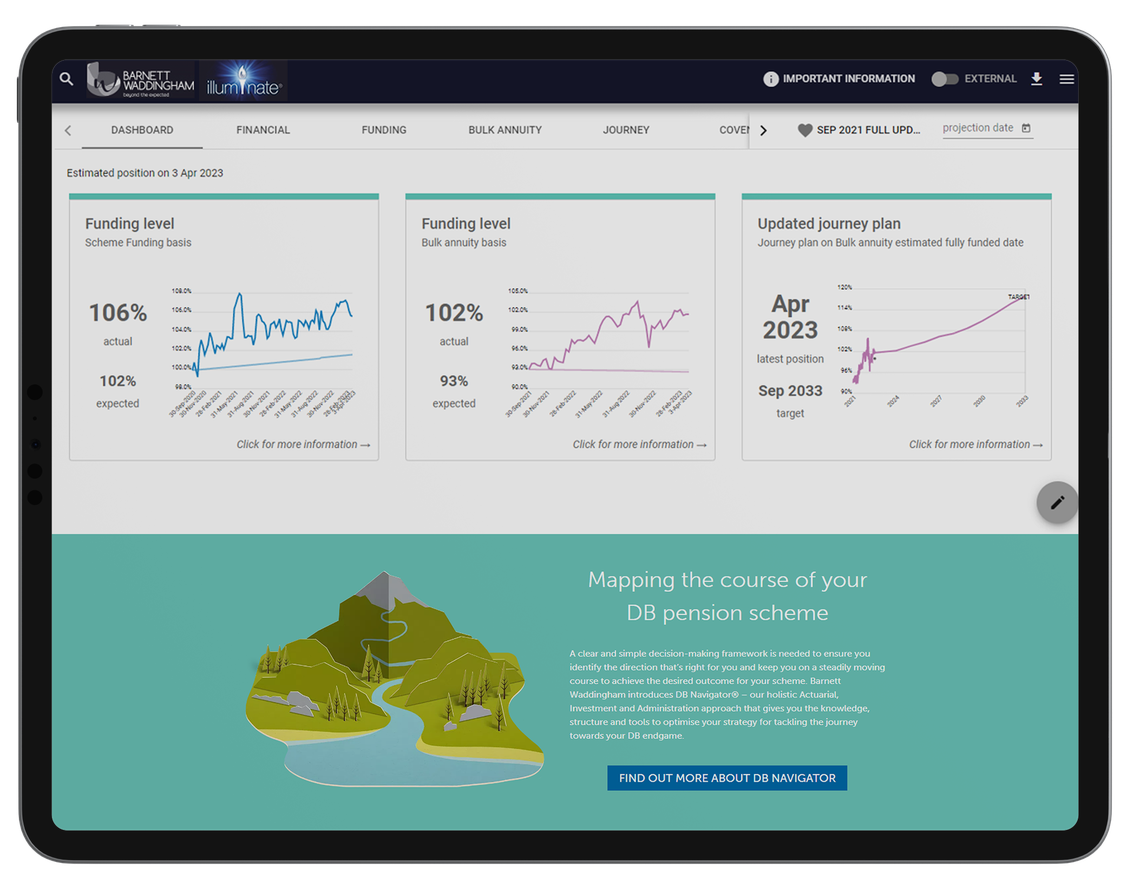 A digital dashboard displays various graphs indicating funding levels for a pension scheme. The context includes a scenic illustration of a river and mountains, promoting DB Navigator services.
