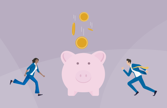 A pink piggy bank sits in the center, as two figures in business attire run towards it, while coins fall from above, suggesting urgency and the desire to save.