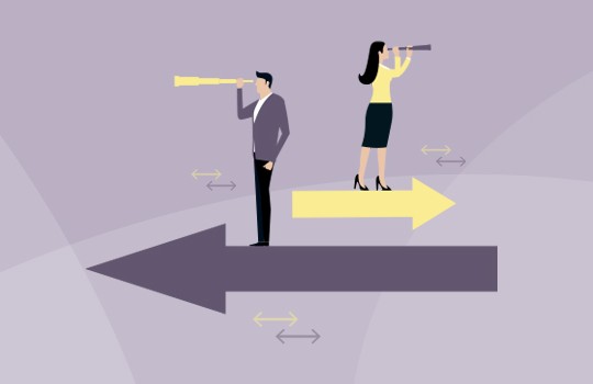 Two individuals, one in a suit and one in a yellow top, use telescopes to look ahead while standing on large arrows, suggesting a focus on future direction in a minimalist, pastel background.