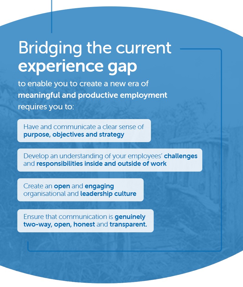 Bridging the current experience gap enables a new era of meaningful and productive employment, requiring clear purpose, understanding employee challenges, cultivating an engaging culture, and ensuring transparent communication.