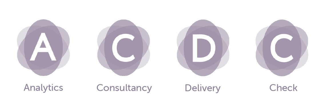 Four overlapping circular shapes feature large letters: A for Analytics, C for Consultancy, D for Delivery, and C for Check, all against a clean white background.