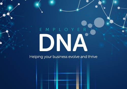 A dark blue background features abstract shapes and lines representing a network. The text “EMPLOYER DNA” is prominently displayed, with the subtitle “Helping your business evolve and thrive” below.