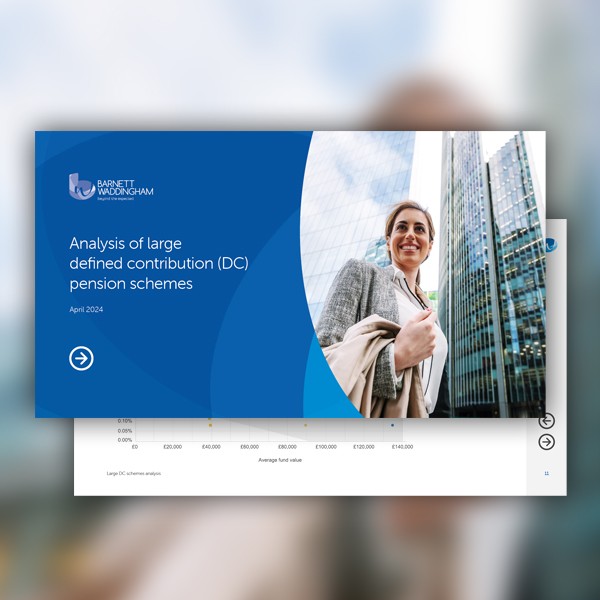 A presentation slide features a smiling woman in business attire, holding documents. The context includes modern high-rise buildings in the background. The slide title reads "Analysis of large defined contribution (DC) pension schemes, April 2024."