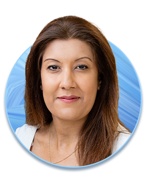 A woman with long, dark hair is facing forward, her expression calm. She is framed in a circular design against a soft blue abstract background, suggesting a professional or formal context.