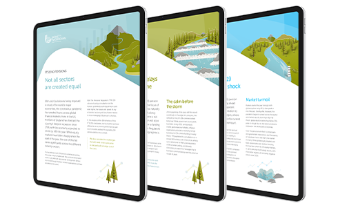 Three digital tablets display colorful charts and illustrations. The first features mountains and text about sectors; the second shows calm waters; the third highlights market challenges amidst green landscapes.