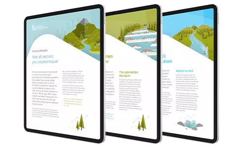 Three digital tablets display colorful charts and illustrations. The first features mountains and text about sectors; the second shows calm waters; the third highlights market challenges amidst green landscapes.