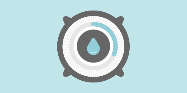 A circular device with a central droplet icon indicates water usage. A bluish line denotes a setting or level, surrounded by a light gray and dark gray frame against a pale blue background.