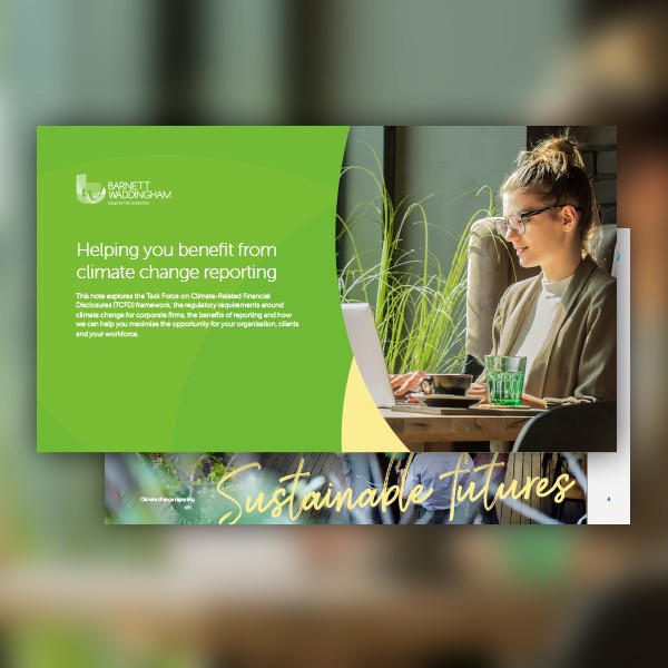 A young woman works intently at a laptop surrounded by green plants. Text discusses climate change reporting benefits for organizations, with a focus on sustainable futures.