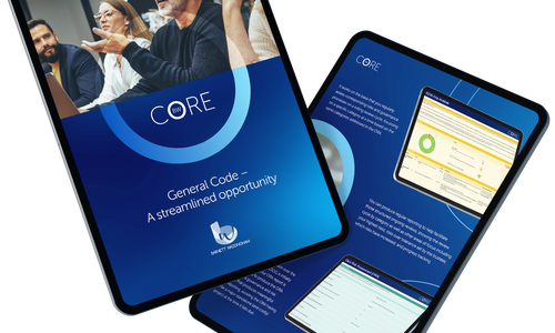 A digital tablet displays a report titled "CORE" with accompanying charts and graphs, while a group of engaged individuals in a conference room attentively discuss the content.