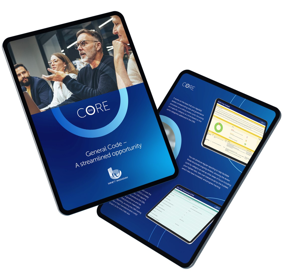 A digital tablet displays a report titled "CORE" with accompanying charts and graphs, while a group of engaged individuals in a conference room attentively discuss the content.