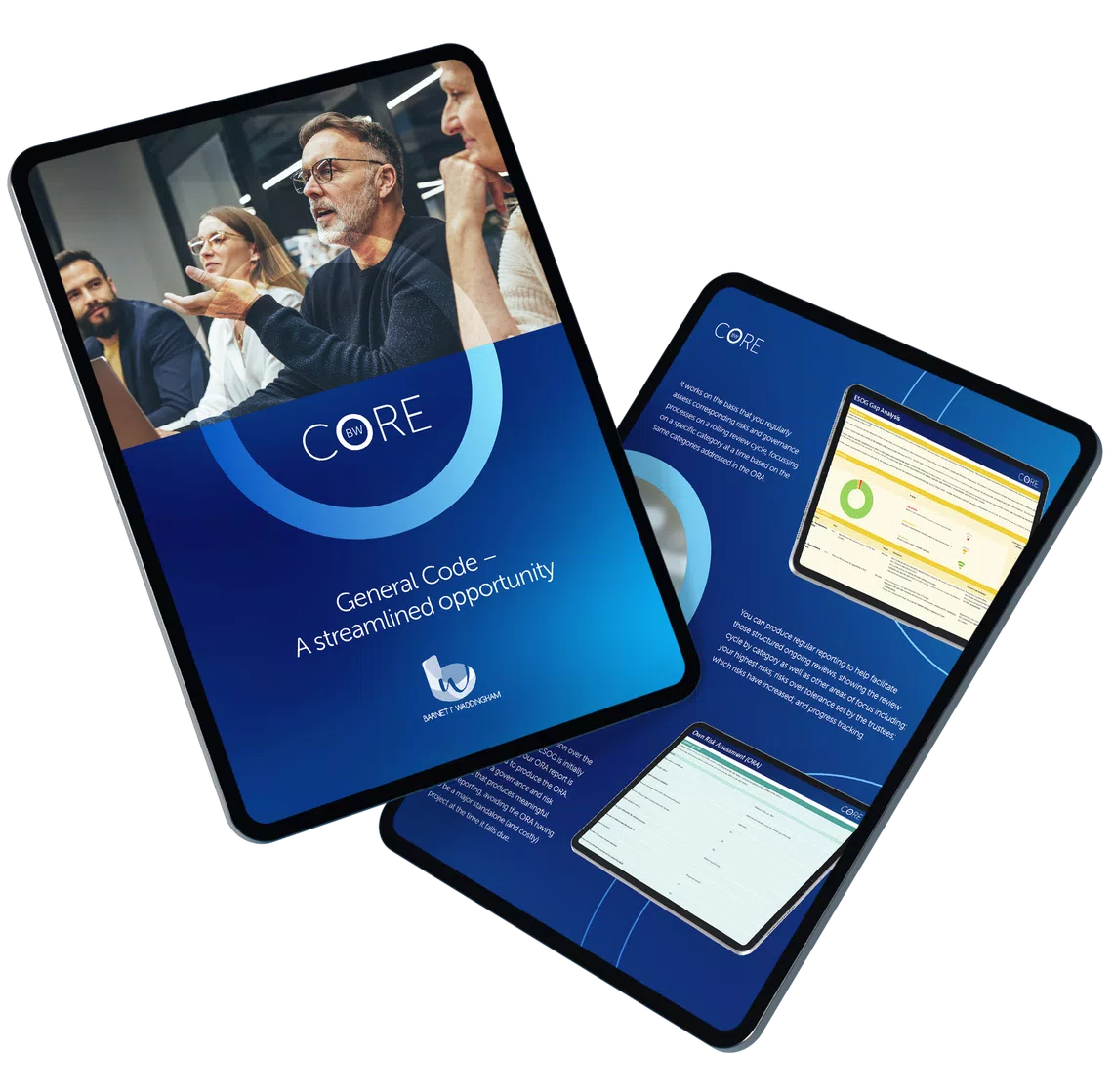 A digital tablet displays a report titled "CORE" with accompanying charts and graphs, while a group of engaged individuals in a conference room attentively discuss the content.