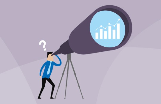 A person in a blue shirt is looking through a large telescope, which displays a graphic of rising bar graphs, suggesting a focus on analyzing data trends in a simplistic, abstract environment.