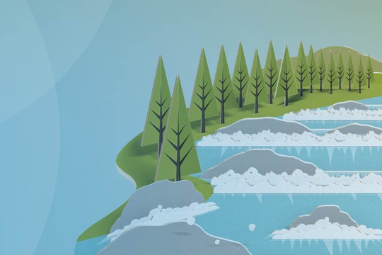 A serene landscape features stylized hills, flowing water, and trees. The water cascades over rocks in a gentle stream, surrounded by greenery and distant hills under a clear sky.