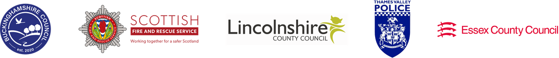 Five distinct logos represent various councils and services: Buckinghamshire Council, Scottish Fire and Rescue Service, Lincolnshire County Council, Thames Valley Police, and Essex County Council, displayed in a horizontal arrangement.
