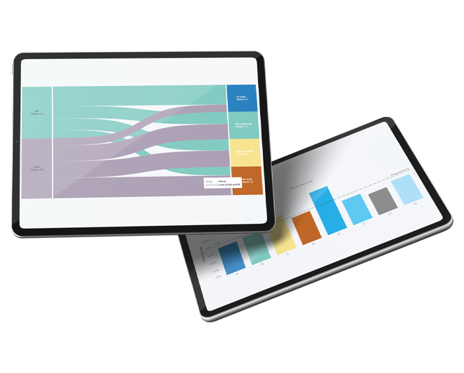Two tablets are displayed, one showing a colorful flow diagram and the other presenting a bar graph. The sleek devices rest on a flat surface, highlighting data visualization.