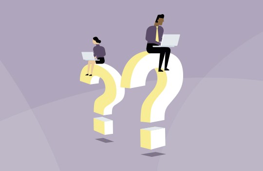 Two figures, one adult and one child, sit atop large, stylized question marks with laptops, suggesting a process of inquiry or learning in a minimalist, soft-toned environment.