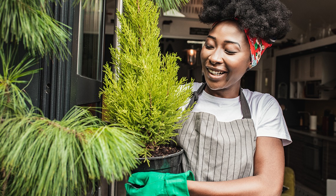 A woman with curly hair, wearing a striped apron and green gloves, smiles while holding a potted green plant, standing near a door with a warm interior background.