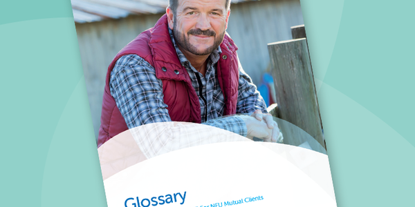 A man in a red vest smiles while sitting on a bench in a rustic outdoor setting with wooden structures in the background. The cover displays the title "Glossary" and references Barnett Waddingham SIPP for NFU Mutual Clients.