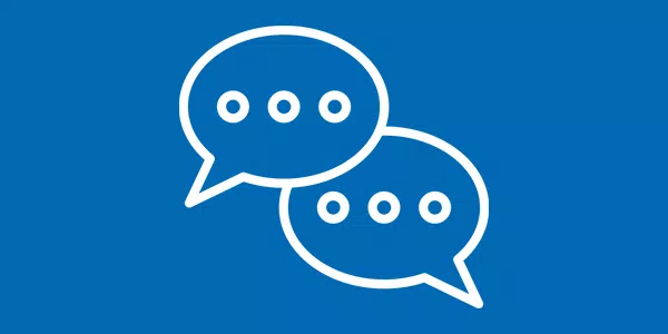 Two speech bubble icons, one overlapping the other, each containing three dots, suggest ongoing conversation or messaging. The background is a solid blue color, enhancing visibility.