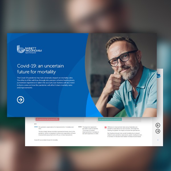 A man with glasses poses thoughtfully, smiling slightly. The context includes a blue and white presentation slide discussing the impact of Covid-19 on mortality rates. Text highlights uncertainties and future considerations.