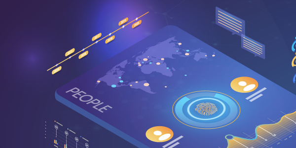 A digital dashboard displays a world map with data points, icons representing individuals, and graphs illustrating trends. Its color scheme features dark backgrounds with vibrant accents, suggesting a modern tech context. Text says "EMPLOYER DNA" and "PEO