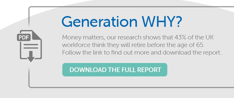 A PDF document icon is depicted, with the title "Generation WHY?" displayed above. It states that 43% of the UK workforce thinks they will retire before age 65, inviting users to download the full report.