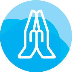Hands are positioned together in a prayer gesture. The symbol is centered against a blue circular background, suggesting themes of spirituality or gratitude.