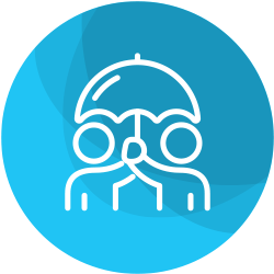 Two simplified figures stand together under a shared umbrella. They appear to be sheltered from above, set against a circular blue background, suggesting a protective or collaborative context.