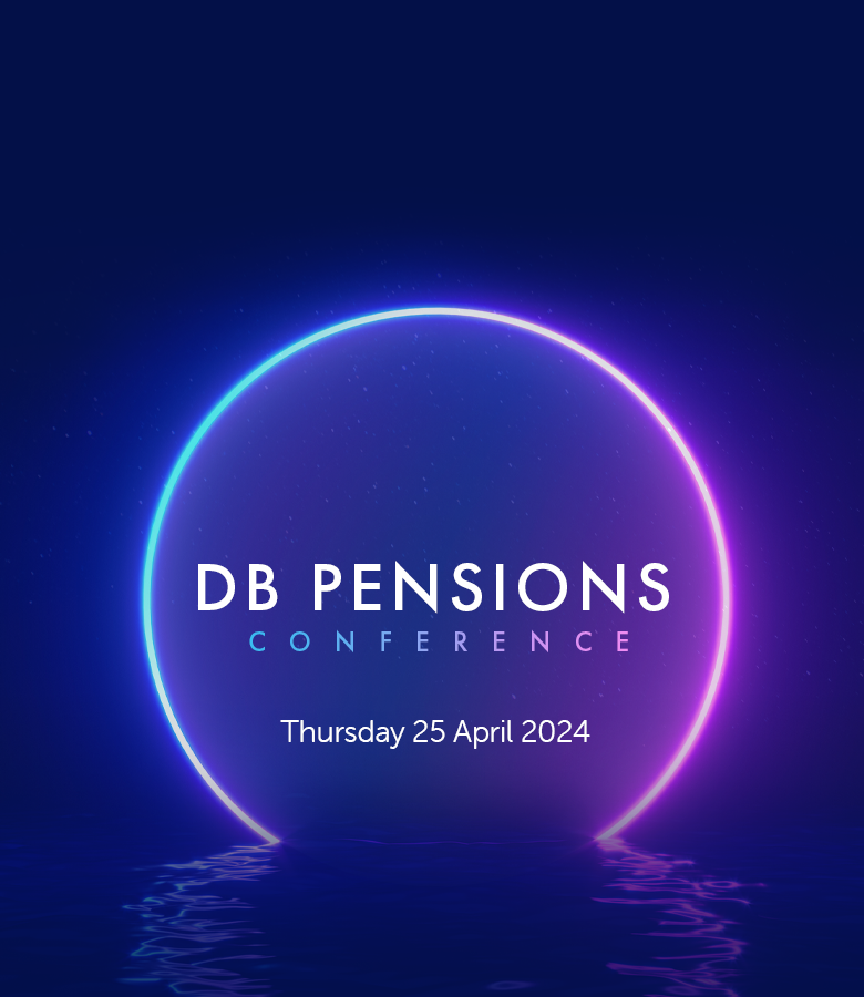 A luminous circular graphic titled "DB PENSIONS CONFERENCE" glows against a dark background, featuring the date "Thursday 25 April 2024" beneath it, suggesting a formal event.
