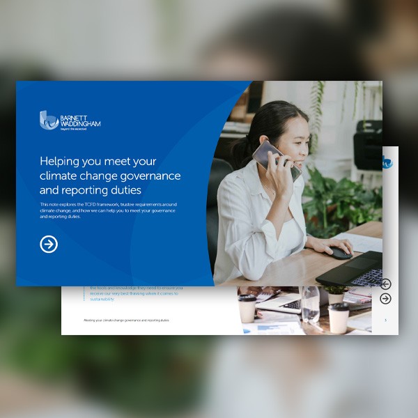 A woman speaks on the phone while seated at a desk with a laptop. Surrounding her are plants and office supplies, indicating a work environment focused on climate change governance and reporting. Text reads: "Helping you meet your climate change governanc