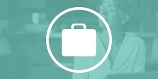 A briefcase icon is centered on a soft green background, while a woman with glasses looks thoughtfully to the side, suggesting a professional or contemplative context, possibly in an office setting.