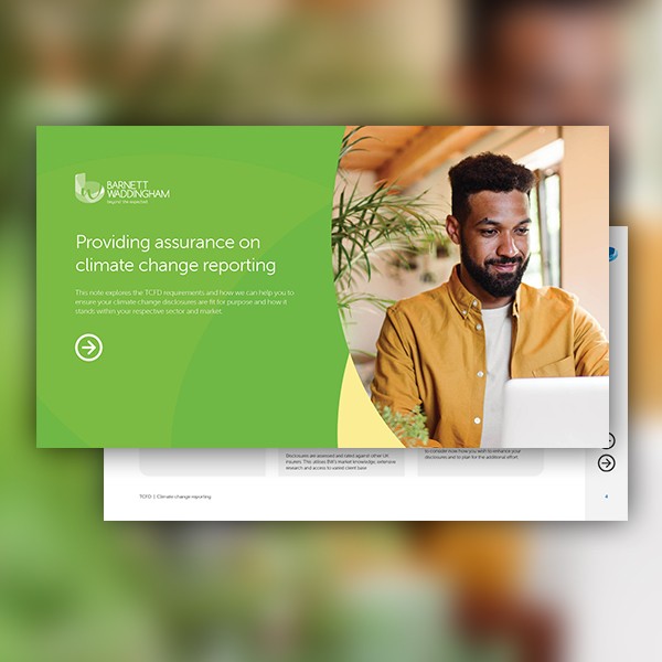 A man with a beard sits in front of a laptop, engaging with content about climate change reporting. Surrounding him are plants and a warm, natural interior environment. 

Text: "Providing assurance on climate change reporting"