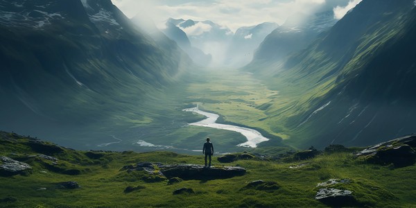 A person stands on a rocky outcrop, gazing at a vast green valley below, where a winding river flows through mountains shrouded in mist under a bright sky.
