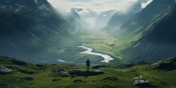 A person stands on a rocky outcrop, gazing at a vast green valley below, where a winding river flows through mountains shrouded in mist under a bright sky.