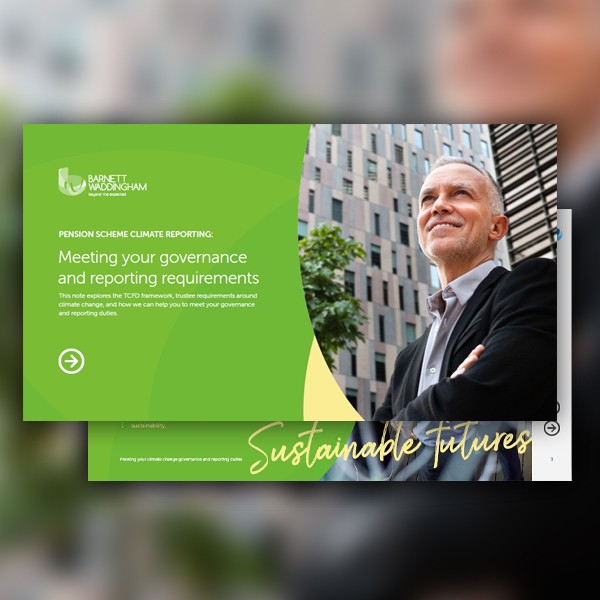 A man stands confidently, smiling, with arms crossed, in front of a modern building. The image features green and white graphics with text about climate reporting and sustainability.