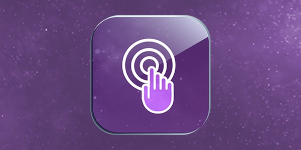 A purple icon features a stylized hand pressing a concentric circle target. The background has a subtle cosmic texture, suggesting a digital or interactive context.