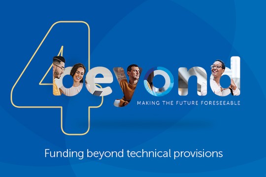 Bold number "4" combined with "beyond" features images of diverse people engaging together. Text includes "MAKING THE FUTURE FORESEEABLE" and "Funding beyond technical provisions." The background is blue.