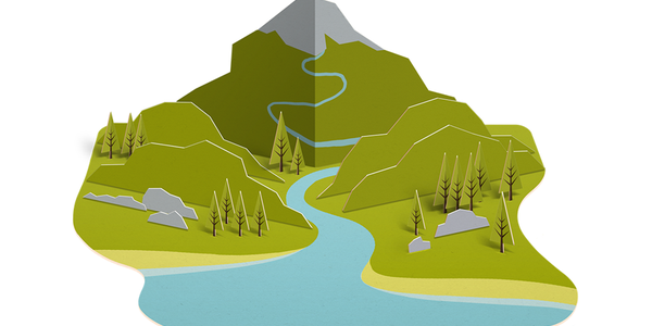 A three-dimensional paper landscape features a winding river flowing through green hills, with a mountain peak in the background. Pine trees and rocks dot the scenery, creating a serene natural environment.