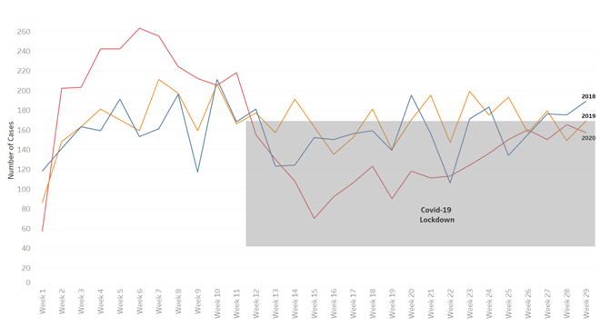 A line graph displays the number of cases over weeks, with three colored lines representing data from 2018, 2019, and 2020. A shaded area indicates the COVID-19 lockdown period.