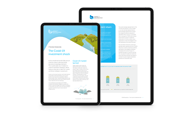 Two digital tablets display reports. One features a landscape with green hills and a river, titled “The Covid-19 investment shock.” The other provides insights related to investment returns.