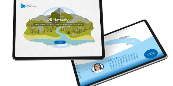 A tablet displays a colorful interface titled "DB Navigator," featuring a scenic landscape with mountains and a river. The context suggests it's part of a digital navigation tool or presentation.