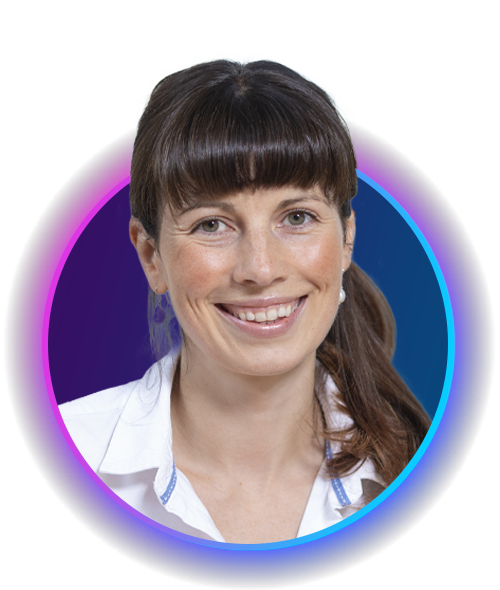A woman with long dark hair and bangs smiles warmly. She wears a white shirt, set against a circular, gradient background with purple and blue tones, creating a vibrant, friendly atmosphere.
