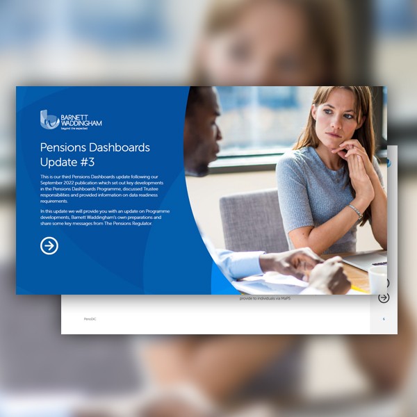 A woman in casual attire thoughtfully listens as a man speaks, both engaged in a discussion. The setting includes a bright workspace with a window and a table. Text mentions "Pensions Dashboards Update #3."