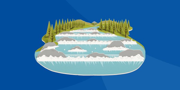 A stylized landscape features flowing water with gentle waves, scattered rocks, and lush green trees along the banks, all set against a vibrant blue background.