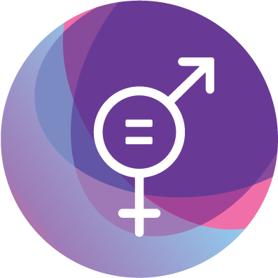 A circular emblem features a stylized gender symbol combining male and female elements, set against a gradient background with purple, pink, and blue hues, representing inclusivity and equality.