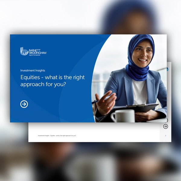 A woman in a blue blazer and headscarf gestures while discussing investment strategies, with a digital presentation displaying the title "Equities - what is the right approach for you?" in blue and white.