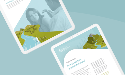 Two tablets display graphic presentations featuring scenic illustrations, including landscapes and figures. The context appears to emphasize themes of journey and equality within a professional setting.